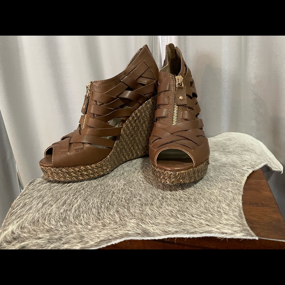 Brown basket weave wedge sandals